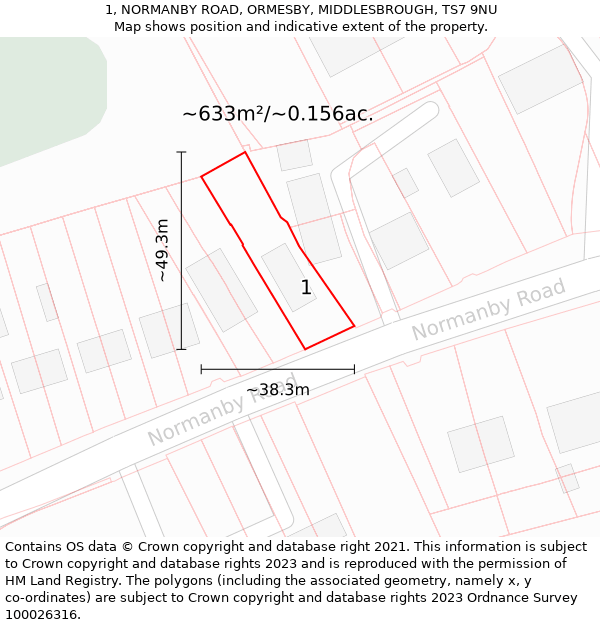 1, NORMANBY ROAD, ORMESBY, MIDDLESBROUGH, TS7 9NU: Plot and title map