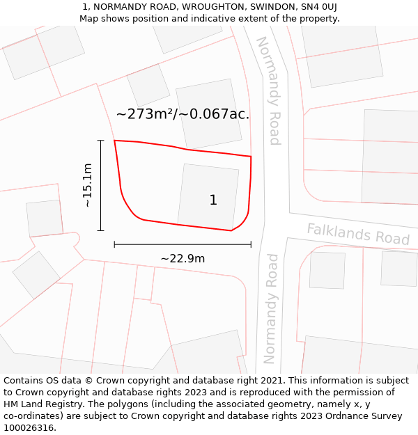 1, NORMANDY ROAD, WROUGHTON, SWINDON, SN4 0UJ: Plot and title map