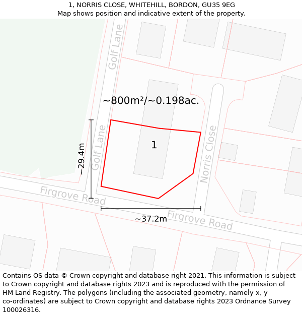 1, NORRIS CLOSE, WHITEHILL, BORDON, GU35 9EG: Plot and title map