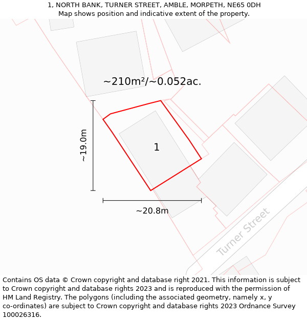 1, NORTH BANK, TURNER STREET, AMBLE, MORPETH, NE65 0DH: Plot and title map