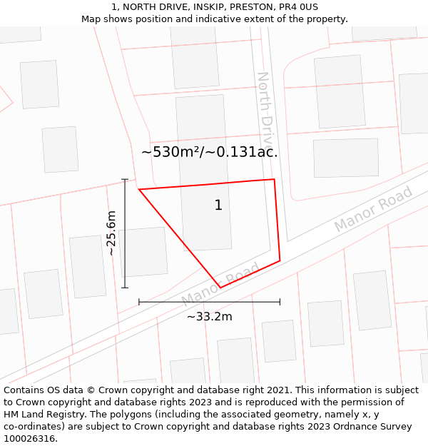 1, NORTH DRIVE, INSKIP, PRESTON, PR4 0US: Plot and title map