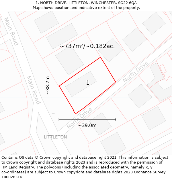 1, NORTH DRIVE, LITTLETON, WINCHESTER, SO22 6QA: Plot and title map