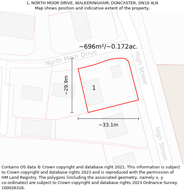 1, NORTH MOOR DRIVE, WALKERINGHAM, DONCASTER, DN10 4LN: Plot and title map