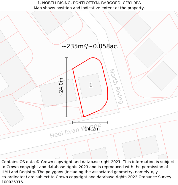 1, NORTH RISING, PONTLOTTYN, BARGOED, CF81 9PA: Plot and title map