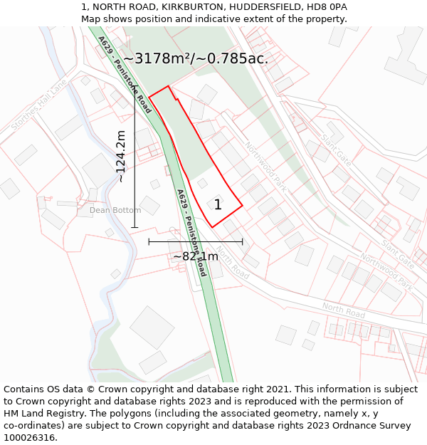 1, NORTH ROAD, KIRKBURTON, HUDDERSFIELD, HD8 0PA: Plot and title map