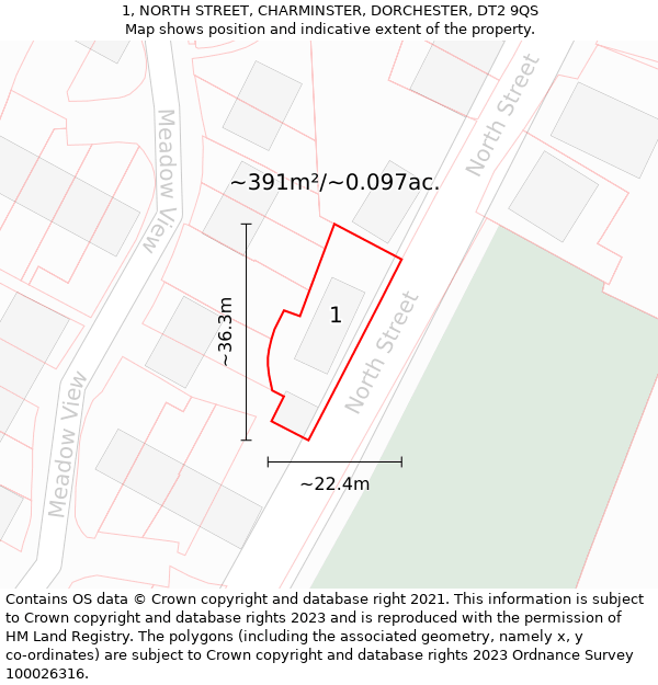 1, NORTH STREET, CHARMINSTER, DORCHESTER, DT2 9QS: Plot and title map