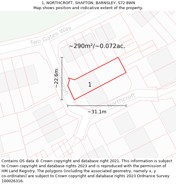 1, NORTHCROFT, SHAFTON, BARNSLEY, S72 8WN: Plot and title map