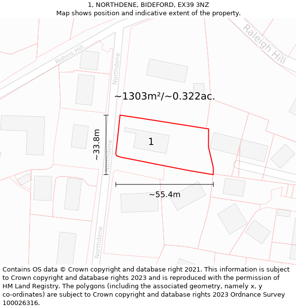 1, NORTHDENE, BIDEFORD, EX39 3NZ: Plot and title map