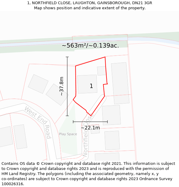 1, NORTHFIELD CLOSE, LAUGHTON, GAINSBOROUGH, DN21 3GR: Plot and title map