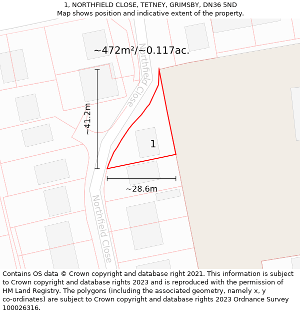 1, NORTHFIELD CLOSE, TETNEY, GRIMSBY, DN36 5ND: Plot and title map