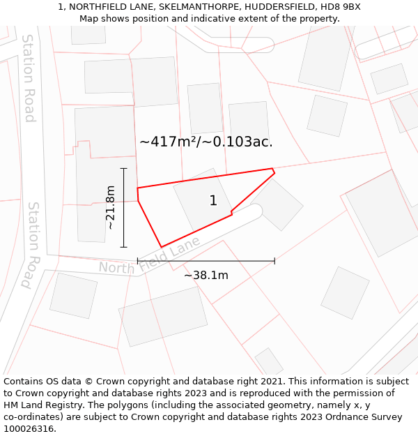 1, NORTHFIELD LANE, SKELMANTHORPE, HUDDERSFIELD, HD8 9BX: Plot and title map