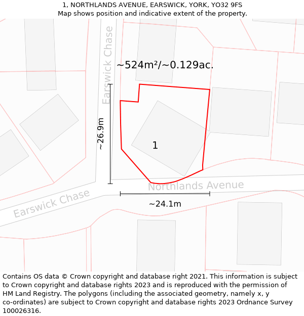 1, NORTHLANDS AVENUE, EARSWICK, YORK, YO32 9FS: Plot and title map