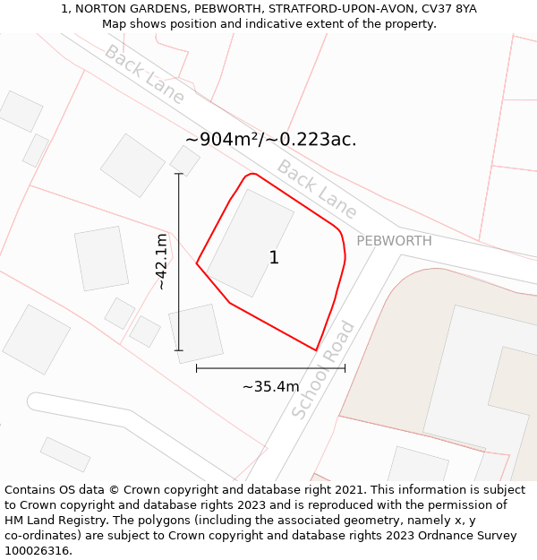 1, NORTON GARDENS, PEBWORTH, STRATFORD-UPON-AVON, CV37 8YA: Plot and title map