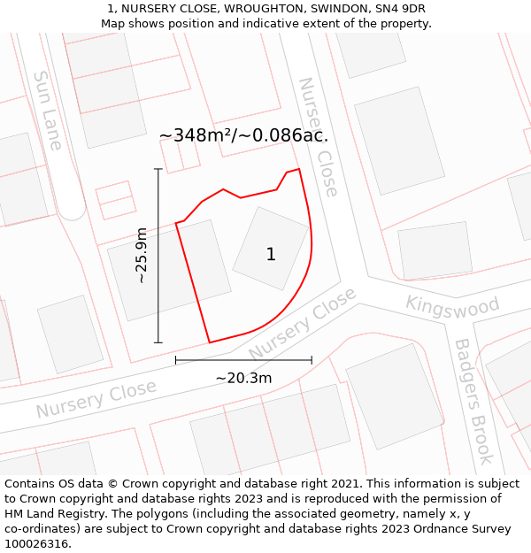 1, NURSERY CLOSE, WROUGHTON, SWINDON, SN4 9DR: Plot and title map