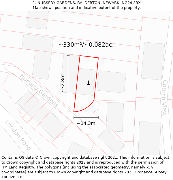 1, NURSERY GARDENS, BALDERTON, NEWARK, NG24 3BX: Plot and title map