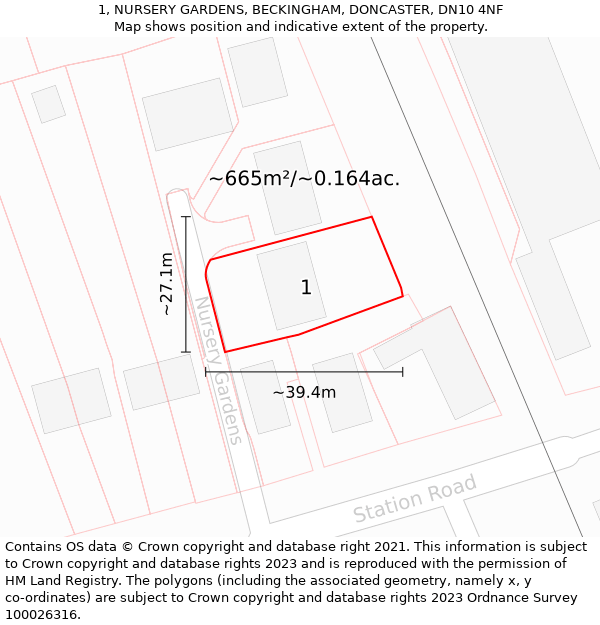 1, NURSERY GARDENS, BECKINGHAM, DONCASTER, DN10 4NF: Plot and title map