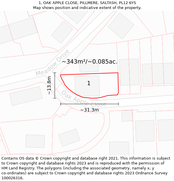 1, OAK APPLE CLOSE, PILLMERE, SALTASH, PL12 6YS: Plot and title map