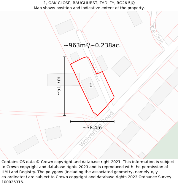 1, OAK CLOSE, BAUGHURST, TADLEY, RG26 5JQ: Plot and title map