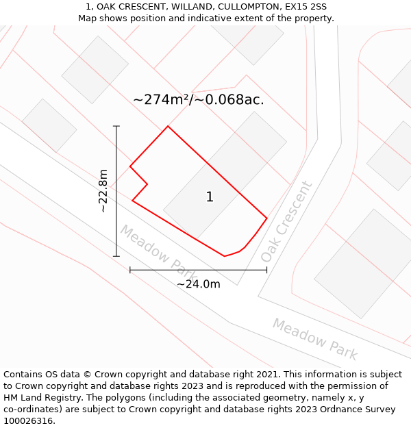 1, OAK CRESCENT, WILLAND, CULLOMPTON, EX15 2SS: Plot and title map