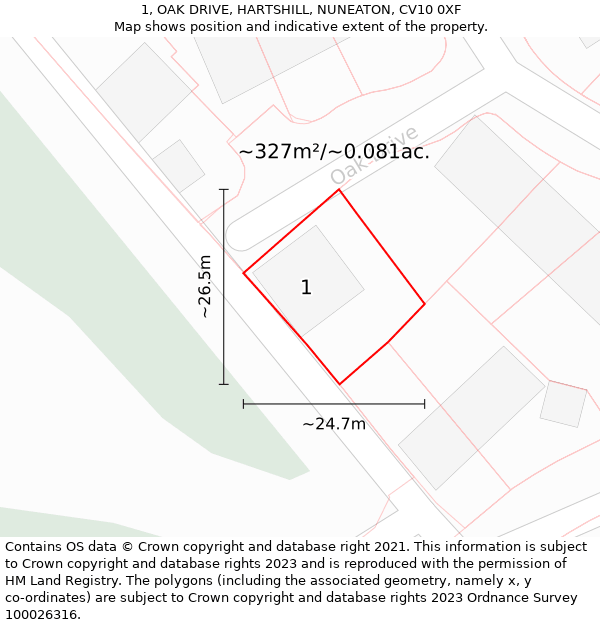 1, OAK DRIVE, HARTSHILL, NUNEATON, CV10 0XF: Plot and title map