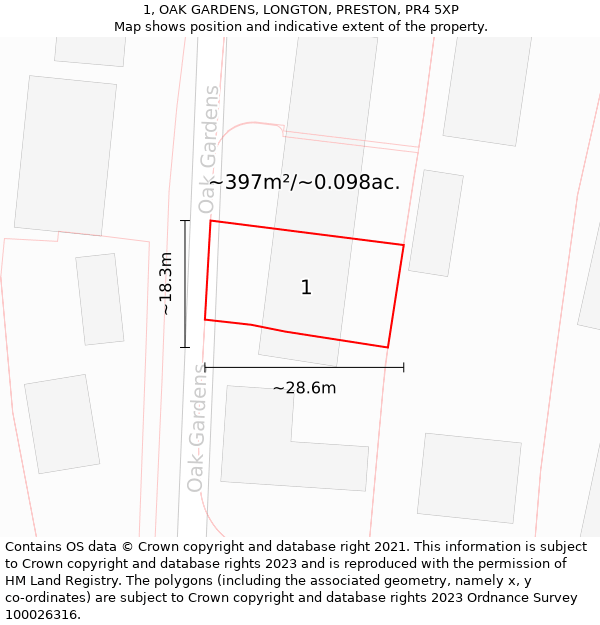 1, OAK GARDENS, LONGTON, PRESTON, PR4 5XP: Plot and title map