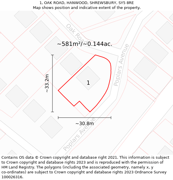 1, OAK ROAD, HANWOOD, SHREWSBURY, SY5 8RE: Plot and title map