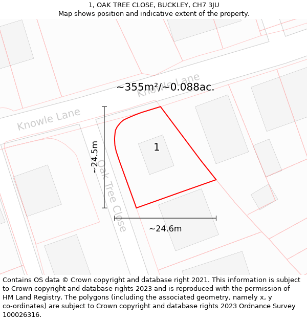 1, OAK TREE CLOSE, BUCKLEY, CH7 3JU: Plot and title map