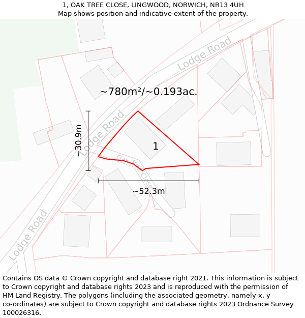 1, OAK TREE CLOSE, LINGWOOD, NORWICH, NR13 4UH: Plot and title map