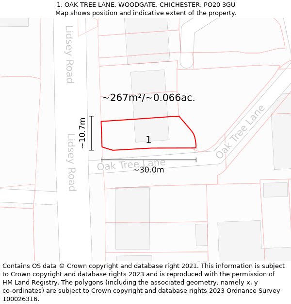 1, OAK TREE LANE, WOODGATE, CHICHESTER, PO20 3GU: Plot and title map