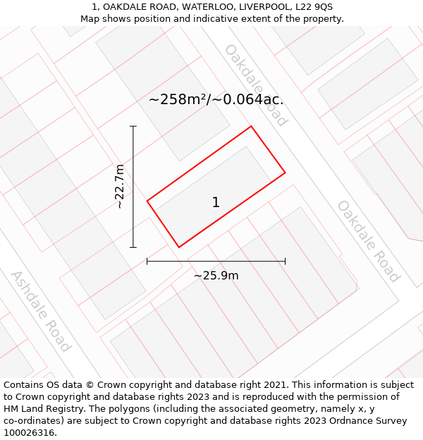 1, OAKDALE ROAD, WATERLOO, LIVERPOOL, L22 9QS: Plot and title map