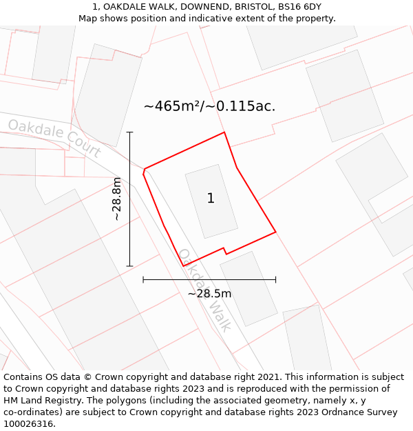 1, OAKDALE WALK, DOWNEND, BRISTOL, BS16 6DY: Plot and title map