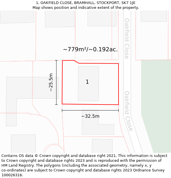 1, OAKFIELD CLOSE, BRAMHALL, STOCKPORT, SK7 1JE: Plot and title map