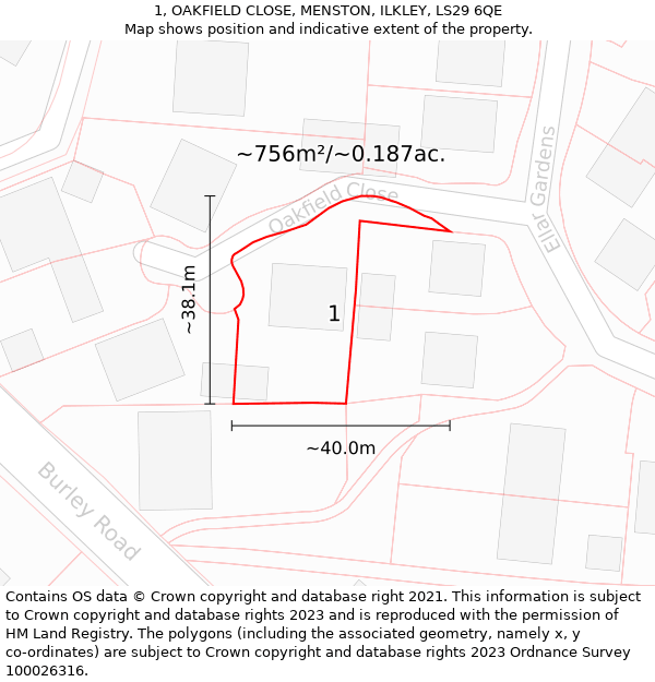 1, OAKFIELD CLOSE, MENSTON, ILKLEY, LS29 6QE: Plot and title map