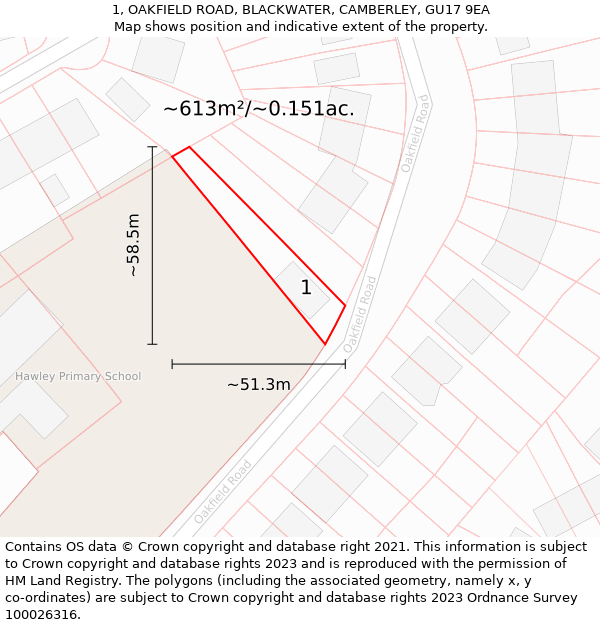 1, OAKFIELD ROAD, BLACKWATER, CAMBERLEY, GU17 9EA: Plot and title map