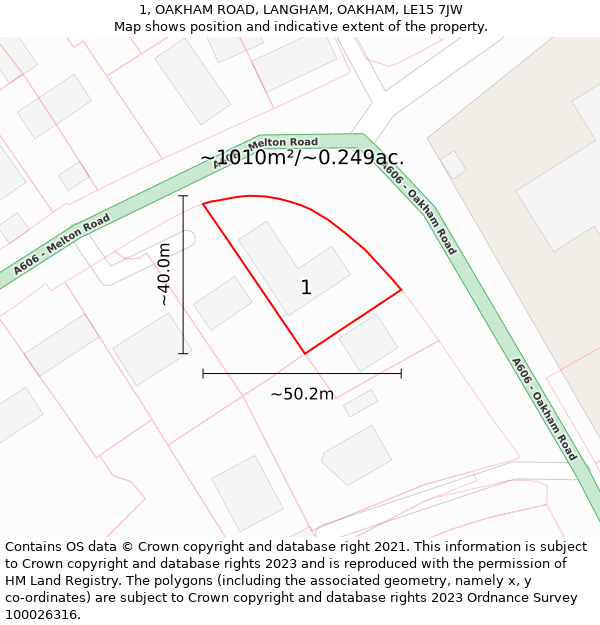 1, OAKHAM ROAD, LANGHAM, OAKHAM, LE15 7JW: Plot and title map