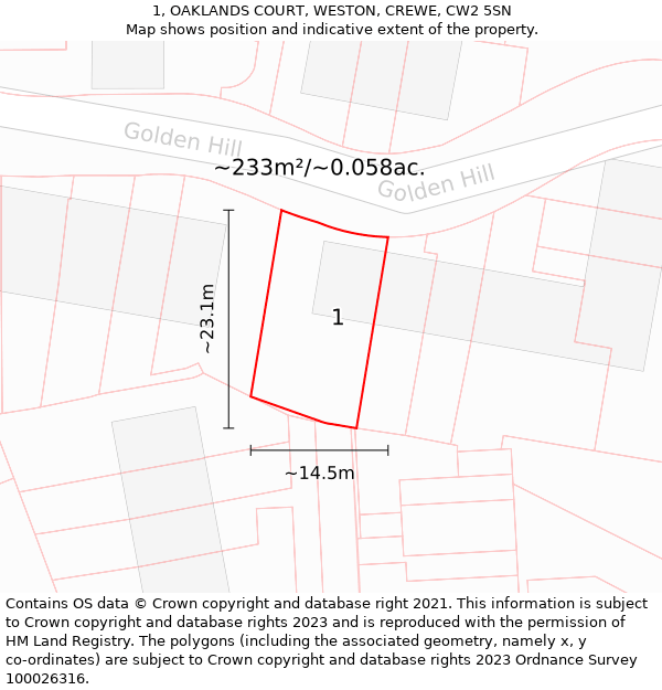 1, OAKLANDS COURT, WESTON, CREWE, CW2 5SN: Plot and title map