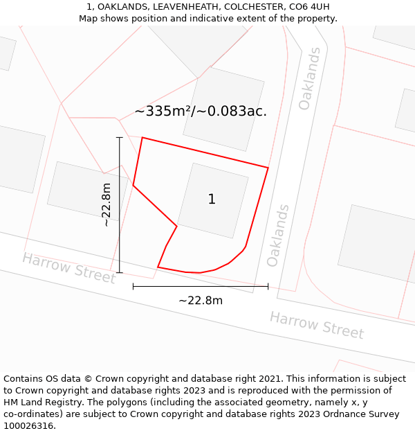 1, OAKLANDS, LEAVENHEATH, COLCHESTER, CO6 4UH: Plot and title map