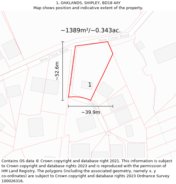 1, OAKLANDS, SHIPLEY, BD18 4AY: Plot and title map