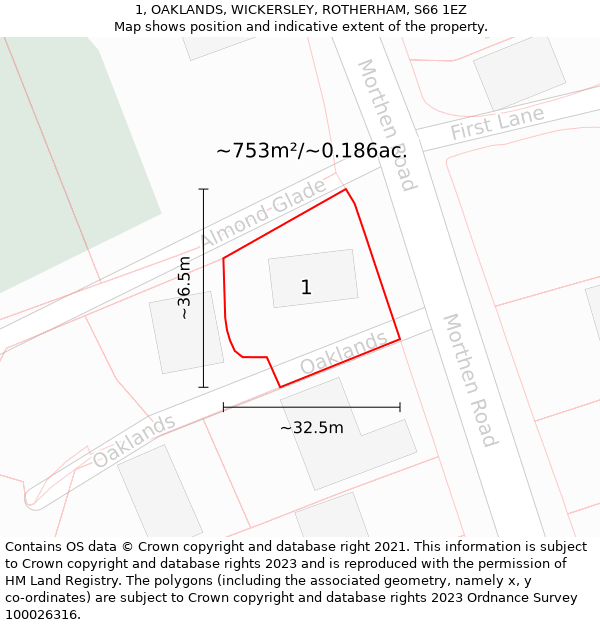 1, OAKLANDS, WICKERSLEY, ROTHERHAM, S66 1EZ: Plot and title map