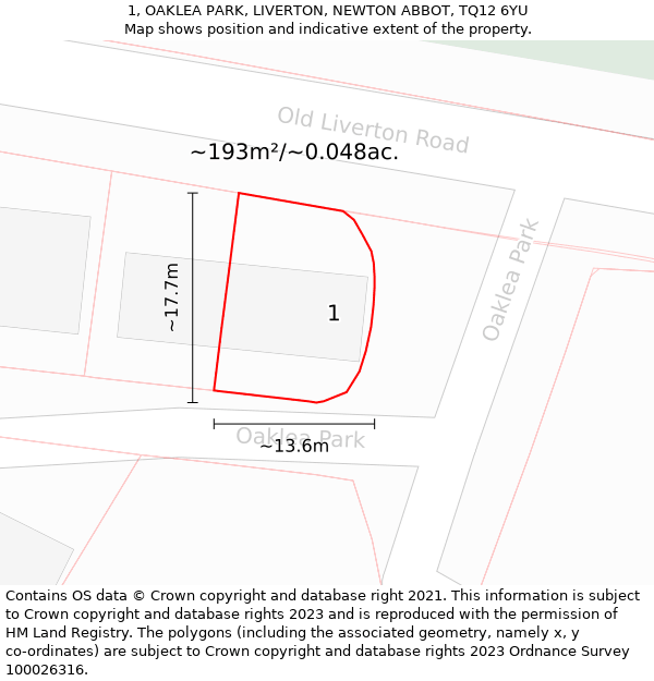 1, OAKLEA PARK, LIVERTON, NEWTON ABBOT, TQ12 6YU: Plot and title map