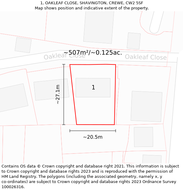 1, OAKLEAF CLOSE, SHAVINGTON, CREWE, CW2 5SF: Plot and title map