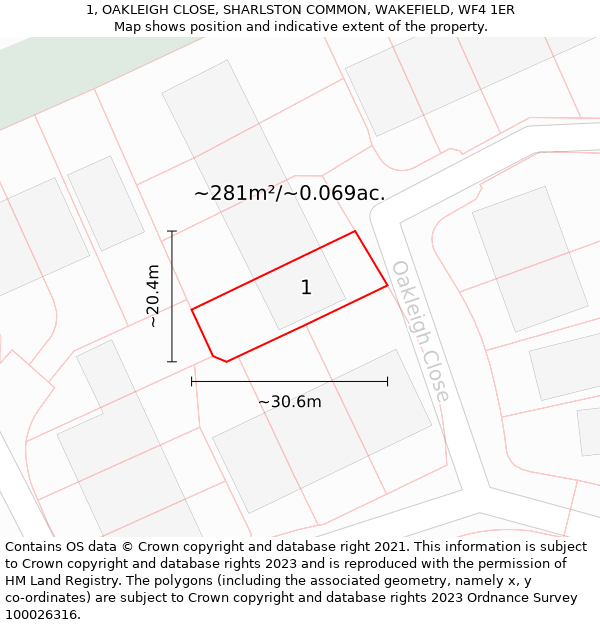 1, OAKLEIGH CLOSE, SHARLSTON COMMON, WAKEFIELD, WF4 1ER: Plot and title map