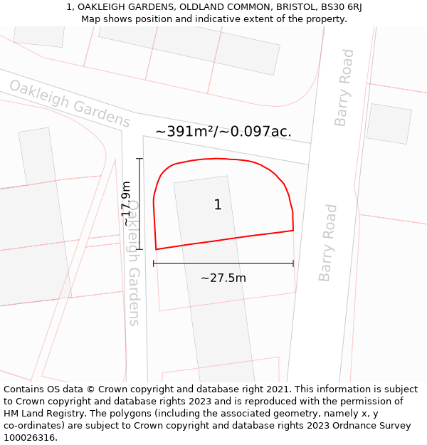 1, OAKLEIGH GARDENS, OLDLAND COMMON, BRISTOL, BS30 6RJ: Plot and title map