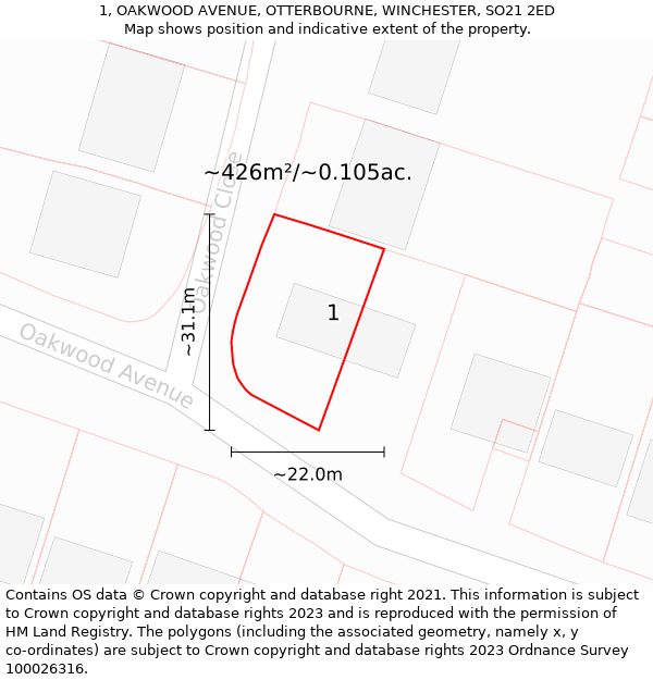 1, OAKWOOD AVENUE, OTTERBOURNE, WINCHESTER, SO21 2ED: Plot and title map