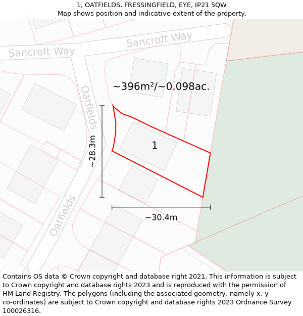 1, OATFIELDS, FRESSINGFIELD, EYE, IP21 5QW: Plot and title map