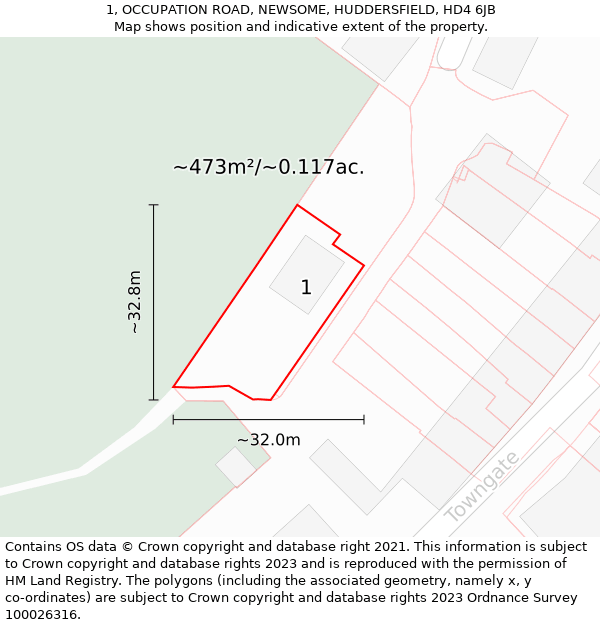 1, OCCUPATION ROAD, NEWSOME, HUDDERSFIELD, HD4 6JB: Plot and title map