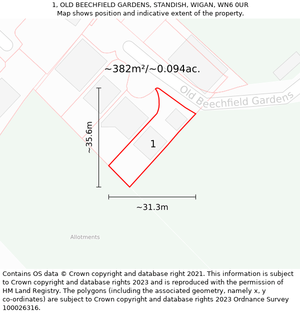 1, OLD BEECHFIELD GARDENS, STANDISH, WIGAN, WN6 0UR: Plot and title map
