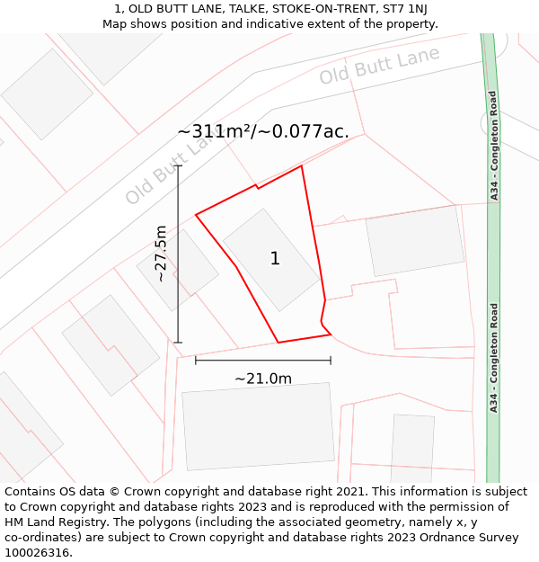 1, OLD BUTT LANE, TALKE, STOKE-ON-TRENT, ST7 1NJ: Plot and title map