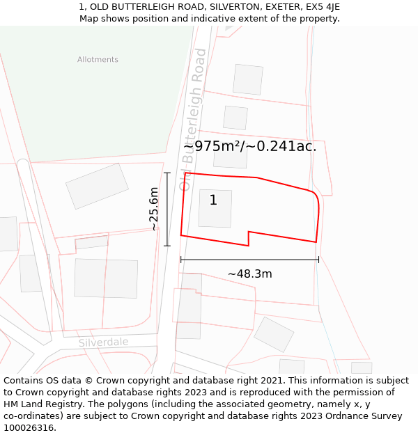 1, OLD BUTTERLEIGH ROAD, SILVERTON, EXETER, EX5 4JE: Plot and title map
