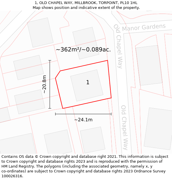 1, OLD CHAPEL WAY, MILLBROOK, TORPOINT, PL10 1HL: Plot and title map